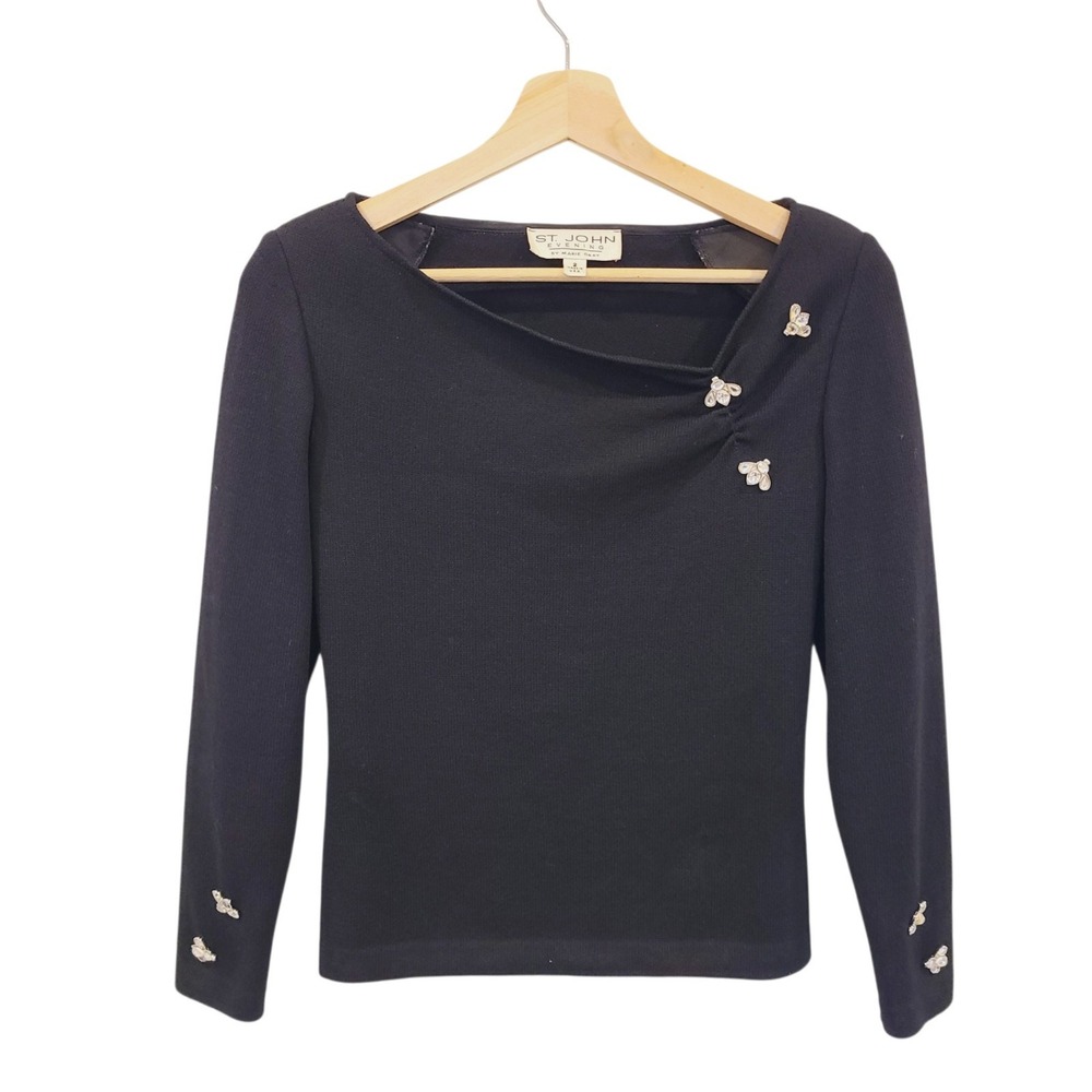 St John Evening Black Pull Over Top Sweater Bee Crystal Asymmetrical Neck Size 2